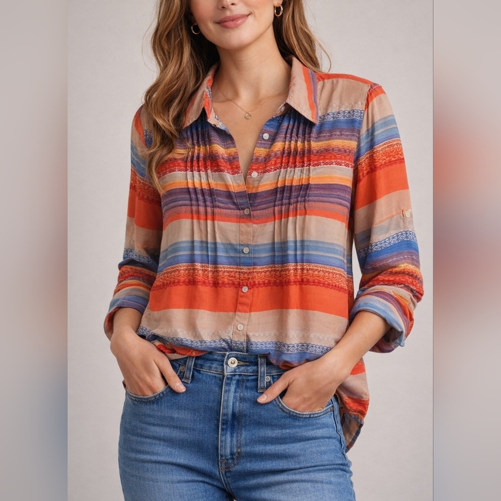 Vintage America Blues Southwestern Serape Striped Retro Button Blouse Medium